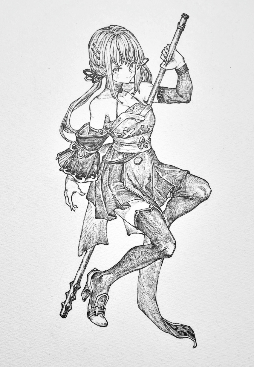 1girl absurdres bangs bare_shoulders breasts detached_sleeves full_body greyscale high_heels highres holding holding_weapon leg_up long_hair looking_at_viewer mashimashi monochrome original pleated_skirt sash simple_background skirt small_breasts smile solo thigh-highs traditional_media weapon white_background zettai_ryouiki