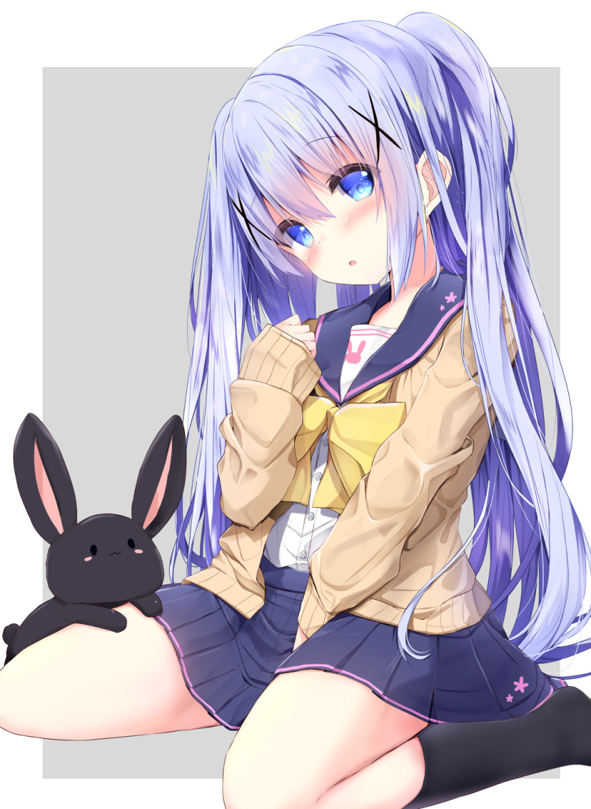 1girl animal bangs between_legs black_legwear blue_eyes blue_hair blue_sailor_collar blue_skirt blush bow brown_cardigan cardigan commentary_request dress_shirt eyebrows_visible_through_hair gochuumon_wa_usagi_desu_ka? grey_background hair_between_eyes hair_ornament hand_between_legs hand_up head_tilt highres kafuu_chino kneehighs kouda_suzu long_hair long_sleeves looking_at_viewer open_cardigan open_clothes pleated_skirt rabbit sailor_collar school_uniform serafuku shirt sidelocks sitting skirt sleeves_past_wrists solo two-tone_background two_side_up very_long_hair wariza white_background white_shirt x_hair_ornament yellow_bow