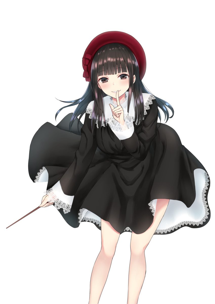 1girl bare_legs baton_(instrument) beret black_dress black_eyes black_hair blush commentary_request dress feet_out_of_frame finger_to_mouth hand_up hat highres holding index_finger_raised lace lace-trimmed_dress lace-trimmed_sleeves long_hair long_sleeves looking_at_viewer original parted_lips piripun red_headwear shushing sidelocks simple_background smile solo standing thighs white_background