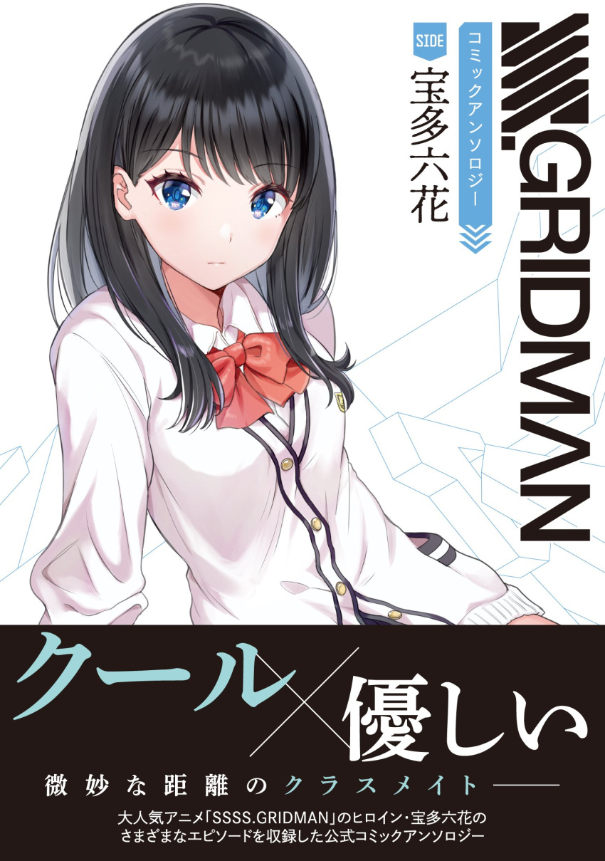 black_hair blue_eyes breasts closed_mouth collared_shirt cover cover_page doujin_cover expressionless eyebrows_visible_through_hair highres leon_(mikiri_hassha) long_hair long_sleeves looking_at_viewer medium_breasts shirt ssss.gridman takarada_rikka translation_request upper_body white_shirt