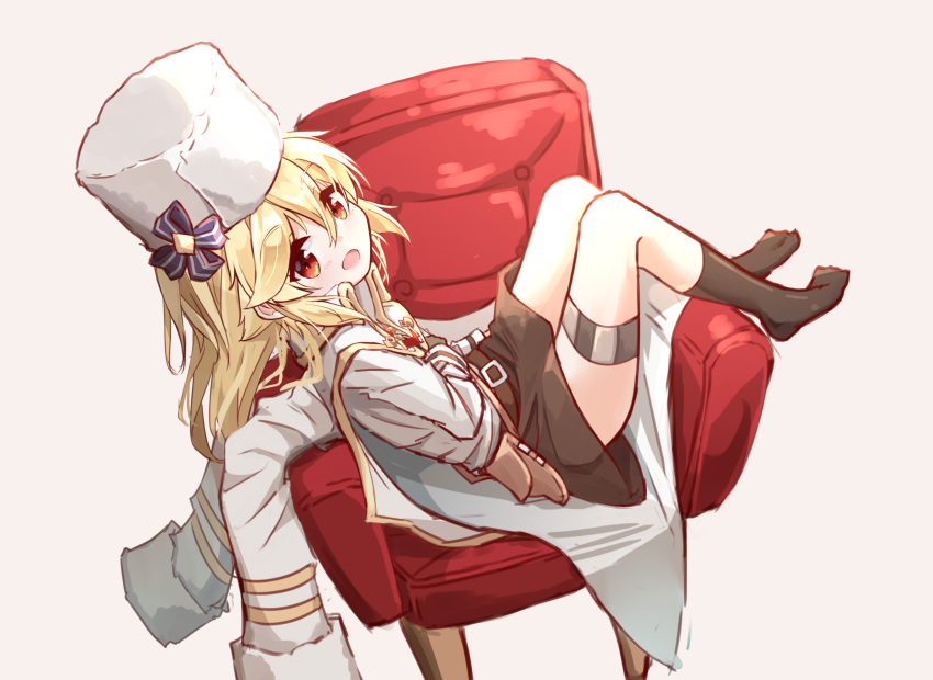 1girl :d armchair bangs belt belt_buckle blonde_hair blush brown_background brown_belt brown_gloves brown_legwear brown_skirt buckle chair eyebrows_visible_through_hair fur_hat girls_frontline gloves hair_between_eyes hat highres jacket long_hair long_sleeves looking_at_viewer matsuo_(matuonoie) nagant_revolver_(girls_frontline) no_shoes on_chair open_mouth red_eyes shirt simple_background skirt smile socks solo white_headwear white_jacket white_shirt