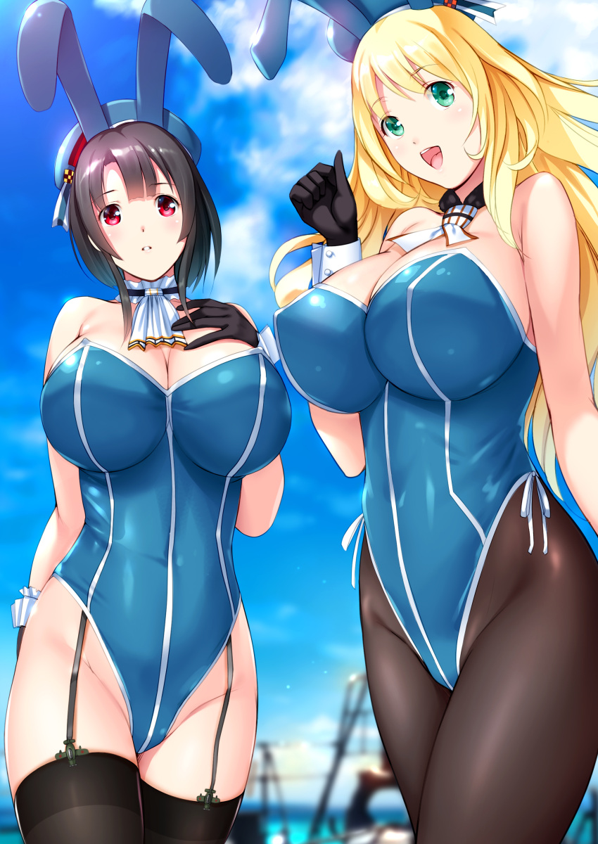 2girls absurdres adapted_costume animal_ears ascot atago_(kantai_collection) beret black_gloves black_hair black_legwear blonde_hair blue_headwear blue_leotard blue_sky breasts bunny_girl bunnysuit cleavage clouds commentary_request cowboy_shot crane day detached_collar dragon@harry garter_straps gloves hat highres horizon kantai_collection large_breasts leotard long_hair multiple_girls open_mouth outdoors pantyhose rabbit_ears red_eyes revision round_teeth short_hair sky smile standing strapless strapless_leotard takao_(kantai_collection) teeth thigh-highs thighs upper_teeth white_neckwear wrist_cuffs