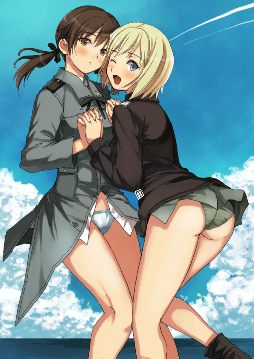 2girls ass blonde_hair blue_eyes blush brown_eyes brown_hair clouds cloudy_sky condensation_trail erica_hartmann eyebrows_visible_through_hair garimpeiro gertrud_barkhorn green_panties hair_ornament hair_ribbon hand_holding highres looking_at_viewer military military_uniform multiple_girls ocean one_eye_closed outdoors panties ribbon shiny shiny_hair sky smile strike_witches twintails underwear uniform white_panties world_witches_series