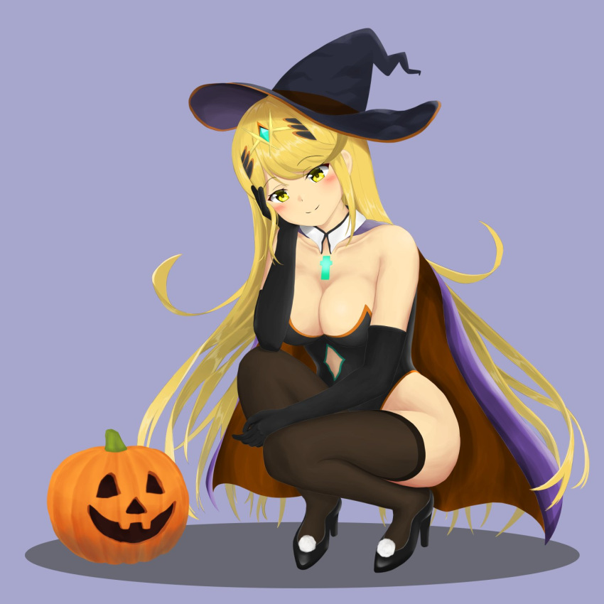 1girl alternate_costume blonde_hair blush breasts cape cleavage clogs gem hair_ornament halloween halloween_costume hat headpiece highres jewelry large_breasts long_hair monolith_soft monster_games mythra_(xenoblade) nintendo pumpkin seiza sitting smile sssemiii thigh-highs witch_hat xenoblade_(series) xenoblade_2