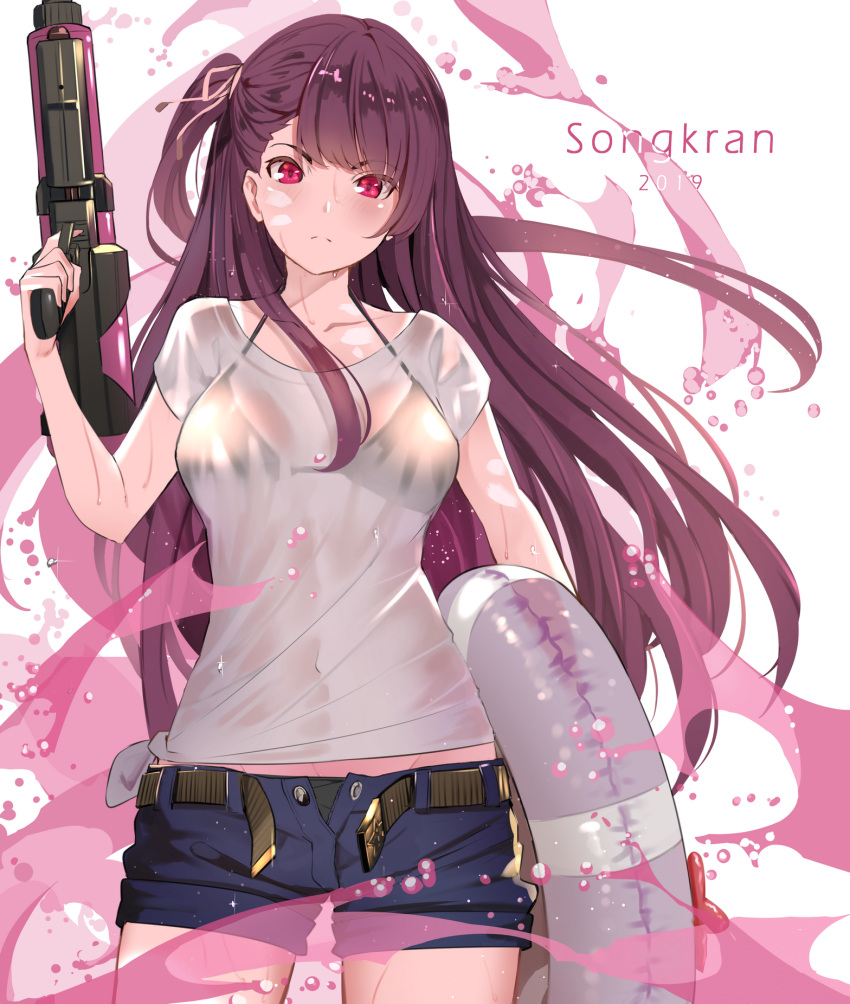 &gt;:( 1girl 2019 bangs belt bikini bikini_under_clothes black_bikini blue_shorts breasts closed_mouth collarbone commentary cowboy_shot denim denim_shorts english_commentary eyebrows_visible_through_hair girls_frontline gun hair_ribbon highres holding holding_gun holding_weapon innertube long_hair medium_breasts navel nonh_(wormoftank) one_side_up open_clothes open_fly open_shorts pink_eyes pink_ribbon ribbon see-through shirt short_sleeves shorts simple_background songkran splashing swimsuit tied_shirt v-shaped_eyebrows very_long_hair wa2000_(girls_frontline) weapon wet wet_clothes wet_shirt white_background white_shirt