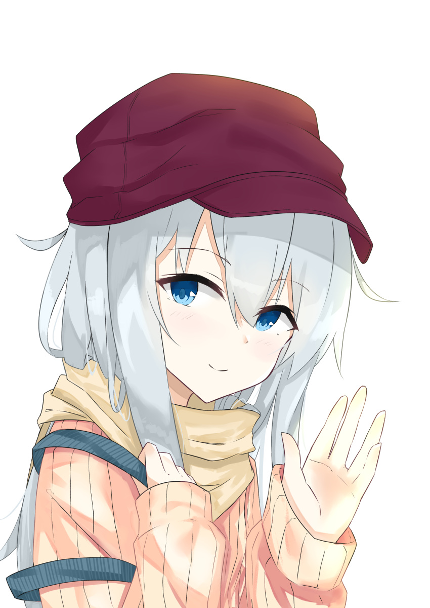 1girl absurdres alternate_costume baseball_cap blue_eyes evening_rabbit eyebrows_visible_through_hair hair_between_eyes hat hibiki_(kantai_collection) highres kantai_collection long_hair long_sleeves looking_at_viewer red_headwear ribbed_sweater scarf silver_hair simple_background smile solo sweater upper_body waving white_background white_sweater yellow_scarf