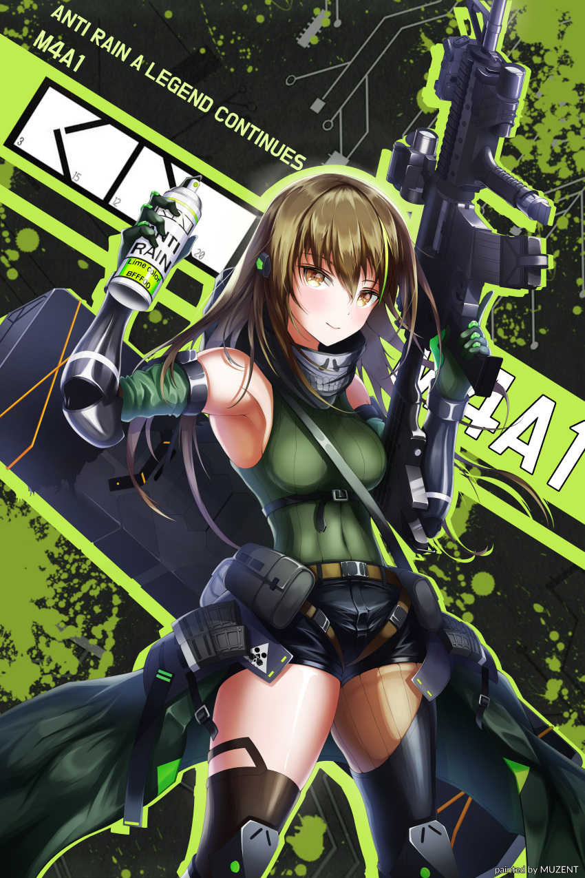 1girl absurdres arm_guards armband armpits artist_name assault_rifle asymmetrical_legwear bangs belt black_legwear black_shorts breasts brown_eyes brown_hair can character_name elbow_gloves eyebrows_visible_through_hair gas_mask girls_frontline gloves green_hair green_sweater gun hair_between_eyes highres holding holding_can holding_gun holding_weapon huge_filesize knee_pads long_hair looking_at_viewer m4_carbine m4a1_(girls_frontline) magazine_(weapon) mod3_(girls_frontline) multicolored_hair muzent pouch ribbed_legwear rifle short_shorts shorts sidelocks skull_print smile snap-fit_buckle solo streaked_hair sweater sweater_vest thigh-highs trigger_discipline weapon