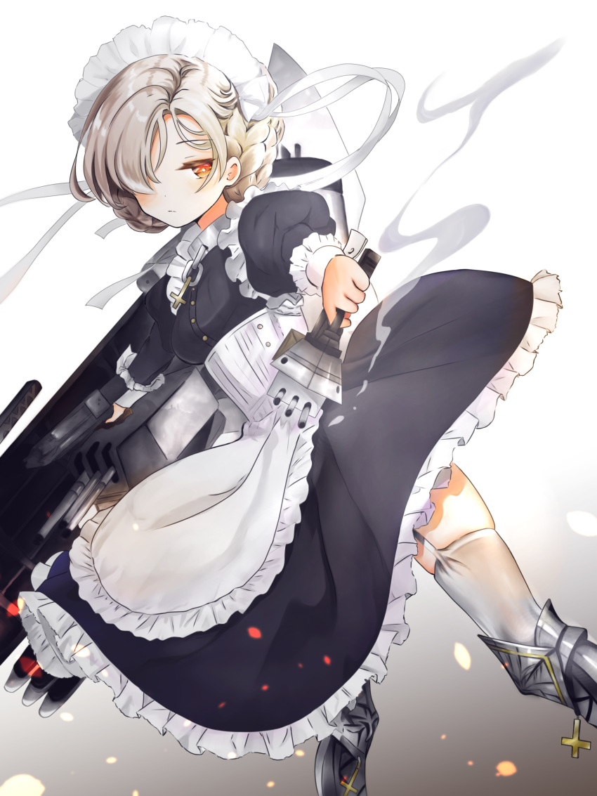 1girl absurdres apron azur_lane black_dress blonde_hair braid breasts bright_pupils buttons closed_mouth cross dress eyebrows_visible_through_hair frilled_apron frilled_dress frills garter_straps hair_over_one_eye highres inverted_cross juliet_sleeves long_sleeves maid maid_apron orange_eyes platinum_blonde_hair puffy_sleeves sheffield_(azur_lane) shiki_kayanotani short_hair small_breasts smoke solo thigh-highs turret underbust waist_apron white_apron white_legwear white_pupils zettai_ryouiki