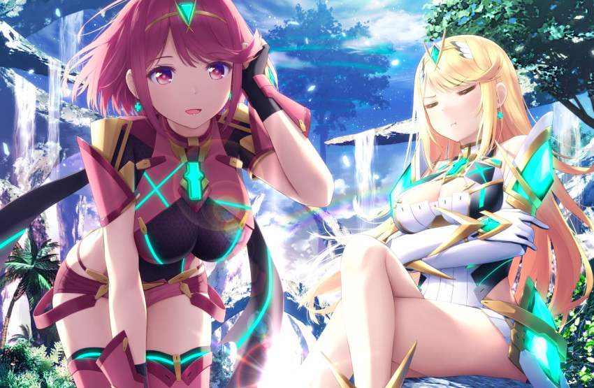 2girls adjusting_hair armor bangs bare_shoulders black_gloves blonde_hair blue_sky blush breasts cleavage cleavage_cutout closed_eyes closed_mouth clouds cloudy_sky commentary covered_navel crossed_arms day dress earrings elbow_gloves eyebrows_visible_through_hair fingerless_gloves gem gloves hair_ornament haribote_(tarao) headpiece mythra_(xenoblade) pyra_(xenoblade) jewelry large_breasts leaning_forward legs_crossed long_hair looking_at_viewer multiple_girls nintendo open_mouth outdoors pose pout red_eyes red_legwear red_shorts redhead short_hair short_shorts shorts shoulder_armor sitting sky smile standing swept_bangs thigh-highs tiara tree v-shaped_eyebrows very_long_hair white_dress xenoblade_(series) xenoblade_2