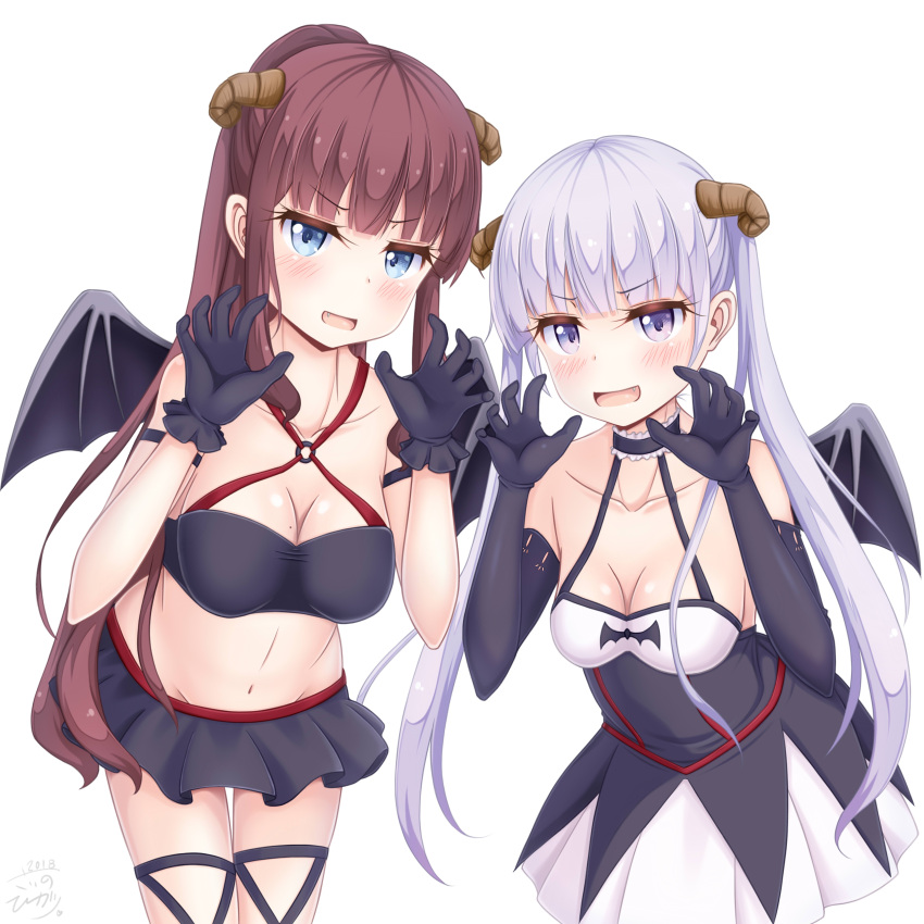 2girls :d absurdres arm_strap bangs black_bra black_gloves black_ribbon black_skirt blue_eyes blunt_bangs blush bra breasts brown_hair cleavage collarbone cowboy_shot criss-cross_halter demon_wings elbow_gloves eyebrows_visible_through_hair fang gloves groin halloween halloween_costume halterneck high_ponytail highres horns large_breasts leg_ribbon long_hair looking_at_viewer medium_breasts microskirt midriff miniskirt multiple_girls navel new_game! o-ring open_mouth pleated_skirt ribbon sainohikari shiny shiny_skin silver_hair simple_background skirt sleeveless smile standing stomach suzukaze_aoba takimoto_hifumi thigh_gap twintails underwear very_long_hair violet_eyes white_background white_skirt wings