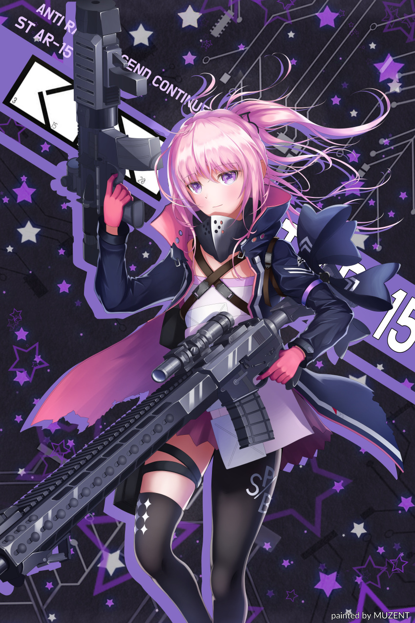 1girl absurdres ar-15 armband armor artist_name assault_rifle bangs blue_hair character_name closed_mouth coat dress dual_wielding eyebrows_visible_through_hair finger_on_trigger flat_chest floating_hair gas_mask girls_frontline gloves gun hair_between_eyes hair_ornament highres holding holding_gun holding_weapon holster huge_filesize jacket long_hair looking_at_viewer magazine_(weapon) mod3_(girls_frontline) multicolored_hair muzent open_clothes open_coat open_jacket oversized_object pink_hair ponytail purple_gloves rifle scarf scope sidelocks skindentation snap-fit_buckle solo st_ar-15_(girls_frontline) strap streaked_hair thigh-highs thigh_holster thigh_strap torn_coat torn_jacket violet_eyes weapon wind wind_lift