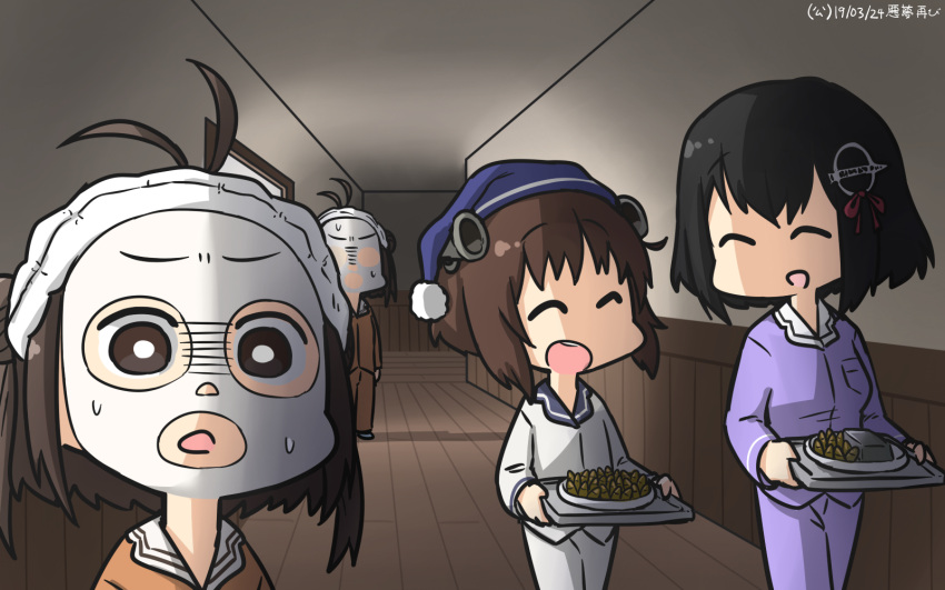3girls adapted_costume alternate_costume ammunition black_hair brown_eyes brown_hair closed_eyes dated facial_mask feet_out_of_frame haguro_(kantai_collection) hairband hallway hamu_koutarou hat highres kantai_collection multiple_girls naka_(kantai_collection) open_mouth pajamas plate round_teeth short_hair smile teeth tray upper_teeth yukikaze_(kantai_collection) zoom_layer
