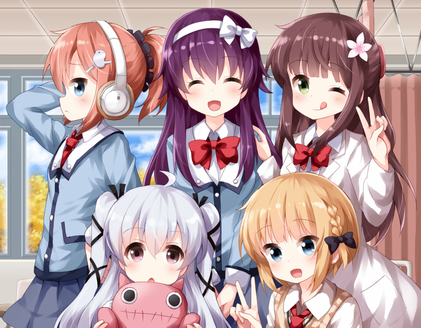5girls :d ;q ^_^ ahoge arm_up bangs black_bow black_ribbon black_scrunchie blue_eyes blue_jacket blue_skirt blush bow bowtie braid brown_eyes brown_hair closed_eyes closed_eyes closed_mouth collared_shirt commentary_request copyright_request day eyebrows_visible_through_hair facing_viewer flower green_eyes hair_between_eyes hair_bow hair_flower hair_ornament hair_ribbon hair_scrunchie hairband hairclip hand_on_another's_shoulder hand_up headphones high_ponytail holding holding_stuffed_animal indoors jacket labcoat light_brown_hair long_hair long_sleeves multiple_girls one_eye_closed open_clothes open_mouth pleated_skirt ponytail profile purple_hair red_neckwear ribbon ruu_(tksymkw) scrunchie shirt short_hair silver_hair single_braid skirt smile stuffed_animal stuffed_toy sweater_vest tongue tongue_out two_side_up v very_long_hair white_bow white_flower white_hairband white_shirt window