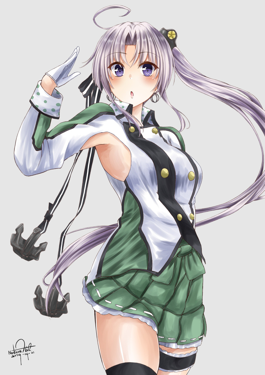 1girl absurdres ahoge akitsushima_(kantai_collection) anchor armpit_cutout blush breasts collared_jacket commentary dated garters gloves green_skirt grey_background hair_ornament hair_ribbon half_gloves hand_up hat highres jacket kantai_collection leg_garter long_hair long_sleeves looking_at_viewer medium_breasts military military_uniform mini_hat nakura_haru open_mouth petticoat pleated_skirt purple_hair ribbon side_ponytail sidelocks signature simple_background skirt solo thigh-highs uniform violet_eyes white_gloves