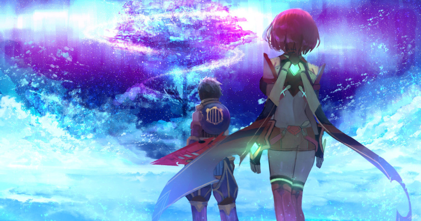 1boy 1girl arms_at_sides aurora back backlighting bare_shoulders black_gloves black_hair blue_pants clouds commentary_request facing_away feet_out_of_frame fingerless_gloves from_behind gem gloves glowing helmet highres pyra_(xenoblade) night night_sky nintendo outdoors pants petals red_legwear red_shorts redhead rex_(xenoblade_2) short_hair short_shorts shorts shoulder_armor sky standing sword tarbo_(exxxpiation) thigh-highs tree weapon weapon_on_back xenoblade_(series) xenoblade_2
