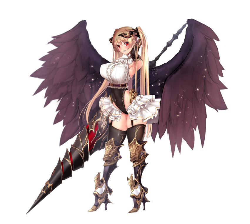 1girl absurdres angel_wings armored_boots armpits bangle bangs black_gloves black_legwear black_leotard black_wings blouse blush boots bracelet breasts collared_blouse commentary_request covered_navel cowboy_shot demon_horns elbow_gloves eyebrows_visible_through_hair fallen_angel feathers full_body garter_belt garter_straps gloves gold gold_trim groin hand_up high_heel_boots high_heels highleg highleg_leotard highres holding holding_weapon horns jewelry lance large_breasts leotard long_hair looking_at_viewer neck_ribbon original parted_lips polearm red_eyes red_ribbon ribbon short_sleeves sidelocks simple_background skindentation smile solo thigh-highs thighs twintails underbust untsue very_long_hair weapon white_background white_blouse wings