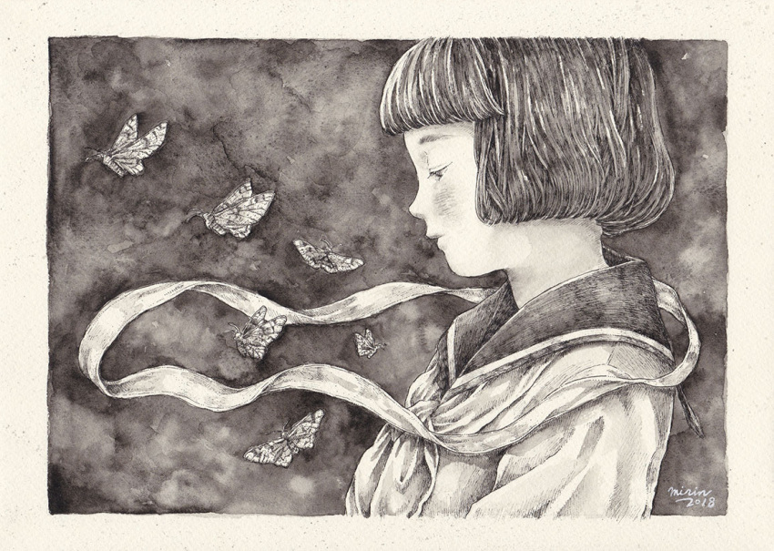 1girl artist_name bangs blunt_bangs bob_cut border bug commentary_request from_side greyscale insect looking_away millipen_(medium) mirin_(mirin_4) monochrome moth neckerchief original profile ribbon school_uniform serafuku short_hair solo traditional_media upper_body watercolor_(medium)