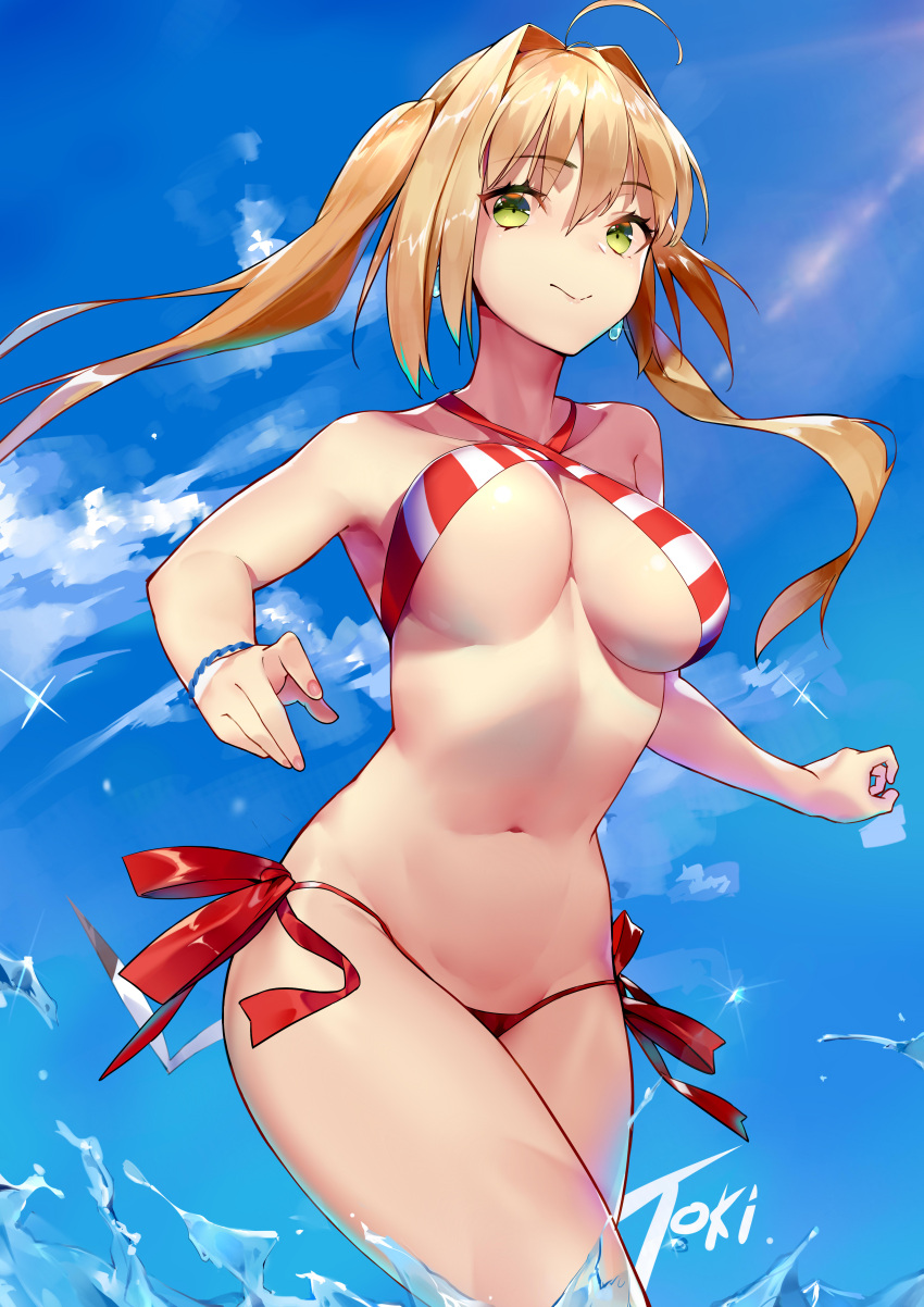 1girl absurdres ahoge artist_name bikini blonde_hair bouncing_breasts bracelet breasts closed_mouth clouds collarbone earrings eyebrows_visible_through_hair fate/grand_order fate_(series) green_eyes hair_intakes halterneck highres jewelry long_hair looking_at_viewer looking_down navel nero_claudius_(fate)_(all) nero_claudius_(swimsuit_caster)_(fate) running side-tie_bikini sky solo summer swimsuit twintails virtu.al water