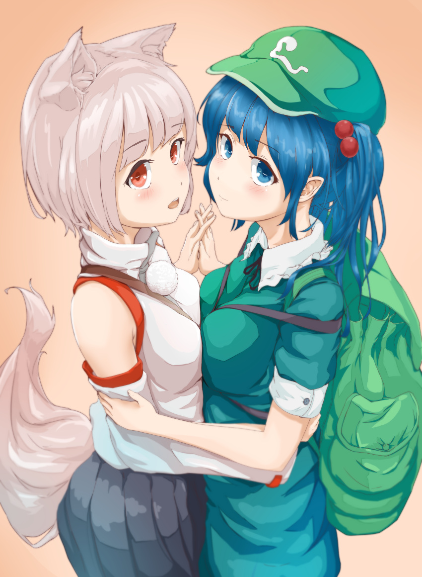 2girls absurdres animal_ear_fluff animal_ears aqua_dress backpack bag bangs bare_shoulders black_neckwear black_ribbon black_skirt blue_eyes blue_hair blush breast_press breasts cabbie_hat commentary_request cowboy_shot detached_sleeves dress eyebrows_visible_through_hair frilled_shirt_collar frills green_headwear hand_holding hat highres interlocked_fingers inubashiri_momiji kawashiro_nitori long_sleeves looking_at_viewer medium_breasts multiple_girls neck_ribbon open_mouth orange_background pleated_skirt pom_pom_(clothes) puffy_short_sleeves puffy_sleeves red_eyes ribbon risiyun shirt short_hair short_sleeves silver_hair simple_background skirt symmetrical_docking tail touhou two_side_up white_shirt wide_sleeves wolf_ears wolf_tail