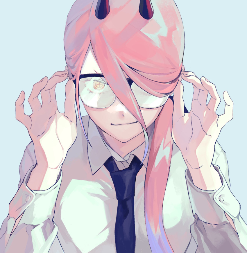 1girl adjusting_eyewear bespectacled black_necktie blue_background chainsaw_man closed_mouth collared_shirt cross-shaped_pupils demon_horns dress_shirt glasses hair_between_eyes highres horns kawatiw long_hair long_sleeves looking_at_viewer necktie opaque_glasses orange_eyes partially_opaque_glasses pink_hair power_(chainsaw_man) semi-rimless_eyewear shirt simple_background smile solo symbol-shaped_pupils upper_body v-shaped_eyebrows white_shirt wing_collar