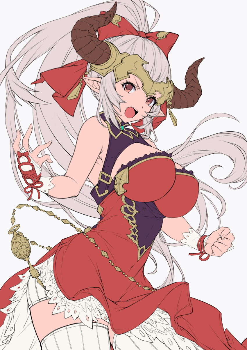 1girl absurdres aliza_(granblue_fantasy) bare_shoulders bow breasts cleavage_cutout draph granblue_fantasy hair_bow highres honyaru_(nanairo39) horns large_breasts long_hair pointy_ears ponytail shorts_under_dress side_slit thigh-highs