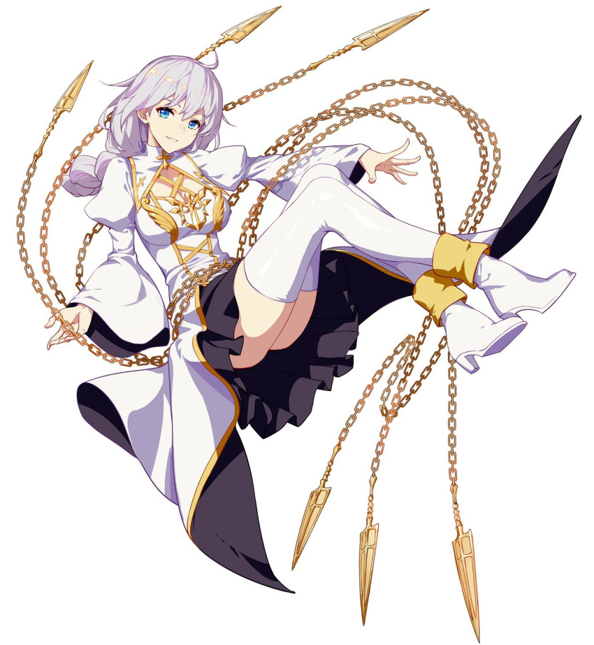 1girl ahoge bangs black_skirt blue_eyes boots braid breasts chains cleavage_cutout cross detached_collar dress eyebrows_visible_through_hair floating floating_hair floating_weapon full_body gold_trim hair_between_eyes head_tilt highres honkai_(series) honkai_impact_3 jinyuan712 juliet_sleeves kallen_kaslana large_breasts long_hair long_sleeves looking_at_viewer nun official_art parted_lips puffy_sleeves sidelocks silver_hair simple_background single_braid skirt smile solo thigh-highs thigh_boots white_background white_dress white_footwear wide_sleeves