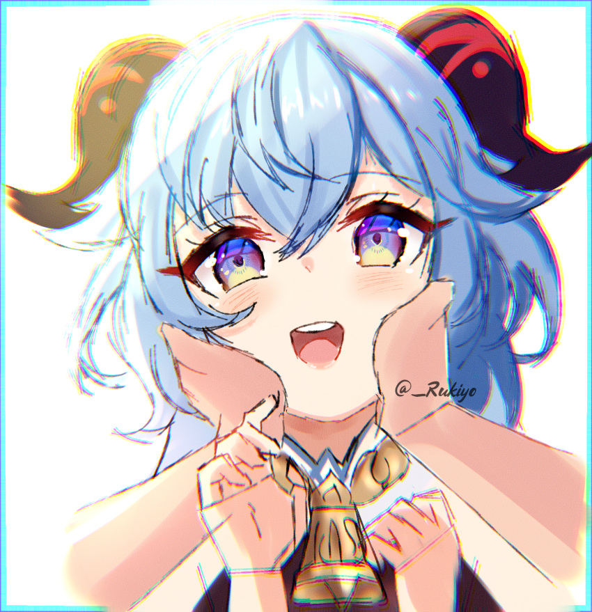 1girl absurdres ahoge artist_name bell blue_hair blush curled_horns eyebrows_visible_through_hair ganyu_(genshin_impact) genshin_impact goat_horns hair_between_eyes hand_on_another's_cheek hand_on_another's_face highres horns looking_at_viewer multicolored_eyes neck_bell open_mouth rukiyo sketch smile twitter_username white_background