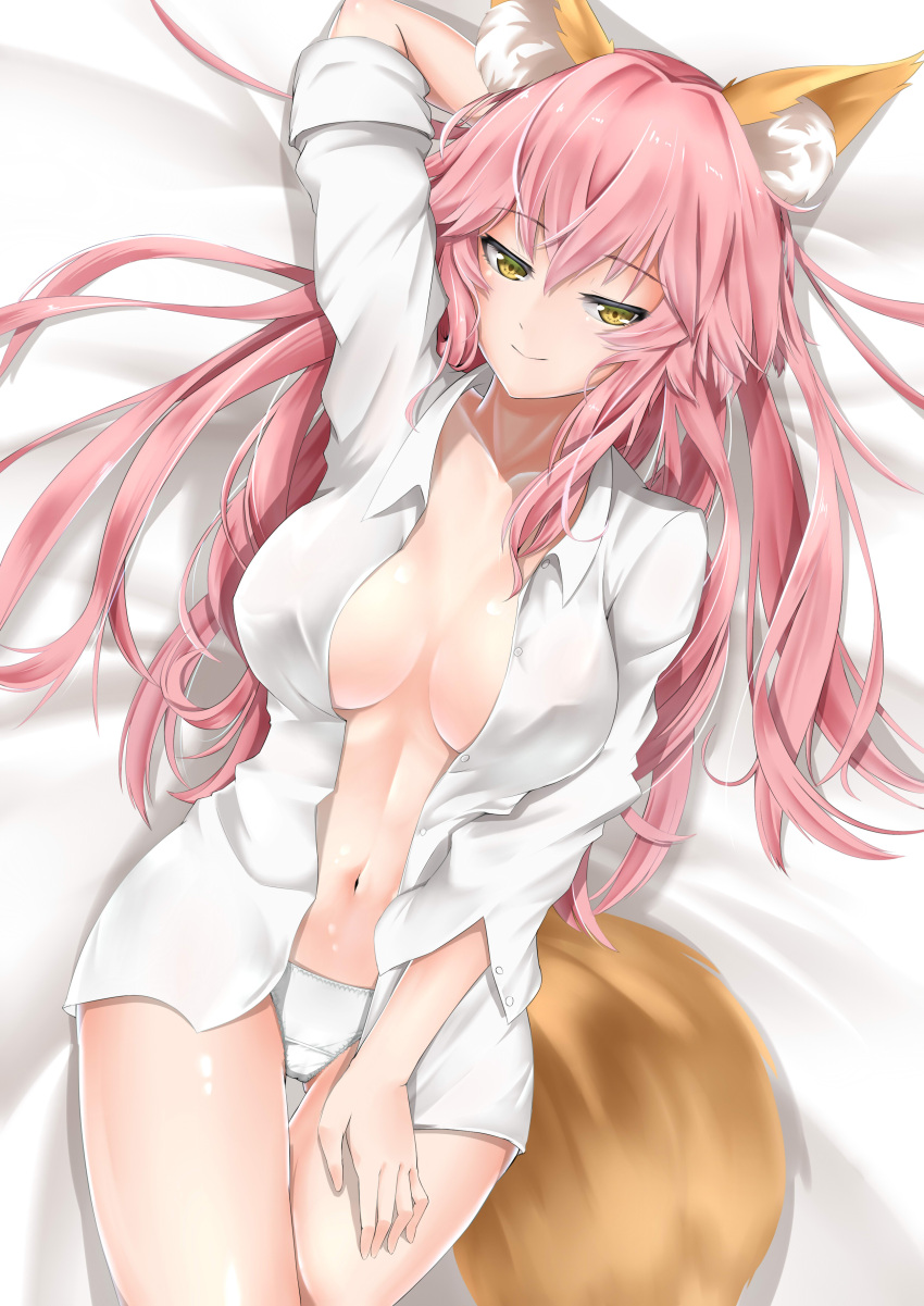 1girl absurdres animal_ears bangs breasts closed_mouth collarbone collared_shirt dress_shirt fate/extra fate_(series) fox_ears fox_girl fox_tail hair_between_eyes highres kamehito large_breasts long_hair long_sleeves looking_at_viewer lying navel on_back open_clothes open_shirt panties pink_hair shirt smile solo tail tamamo_(fate)_(all) tamamo_no_mae_(fate) thighs underwear white_panties white_shirt yellow_eyes