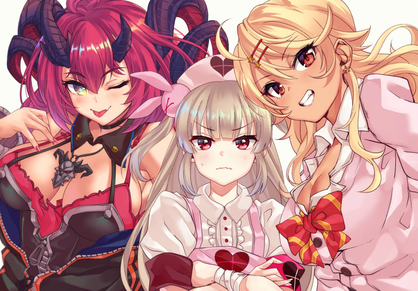 3girls amaryllis_gumi apron bandage bare_shoulders black_choker blonde_hair blush bow bowtie breasts bunny_hair_ornament camisole cardigan choker cleavage closed_mouth collarbone commentary curled_horns dark_skin demon_horns earrings eyebrows_visible_through_hair fang flat_chest grin gyaru hair_between_eyes hair_ornament hairclip hat heart highres horns jewelry kogal large_breasts light_brown_hair long_hair looking_at_viewer loose_neckwear magrona magrona_channel multiple_girls natori_sana necklace nurse_cap one_eye_closed open_clothes ouga_saki pink_apron pink_cardigan pink_headwear puffy_short_sleeves puffy_sleeves red_eyes redhead sana_channel short_sleeves smile star star_earrings sweatdrop tdnd-96 tongue tongue_out two_side_up upper_body virtual_youtuber white_background yellow_eyes zipper zipper_pull_tab