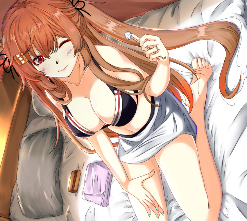 1girl ;) barefoot bikini black_bikini breasts cleavage commentary_request eyebrows_visible_through_hair holding_mimikaki jewelry kantai_collection large_breasts light_brown_hair long_hair looking_at_viewer midriff mimikaki murasame_(kantai_collection) navel on_bed one_eye_closed red_eyes remodel_(kantai_collection) ring seiza shigatsu_(soratobuusagi) sitting smile solo swimsuit two_side_up wedding_band
