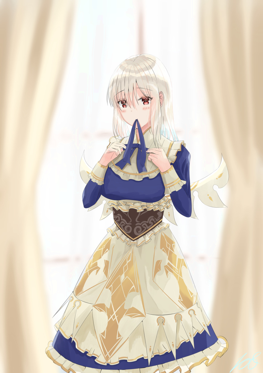 108_(serra) 1girl absurdres blue_neckwear blue_ribbon blush breasts day eyebrows_visible_through_hair frills hair_between_eyes highres indoors long_sleeves looking_at_viewer maid mouth_hold red_eyes ribbon sennen_sensou_aigis serra_(sennen_sensou_aigis) sidelocks smile solo standing white_hair window