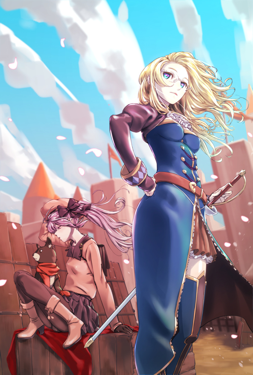 2girls arm_up belt black_bow black_legwear black_skirt blonde_hair blue_dress blue_eyes blue_sky boots bow breasts brown_footwear brown_headwear brown_skirt castle cleavage closed_eyes clouds dog dress elbow_gloves flag frills glasses gloves hand_on_hip highres imazui_(sasachi) katie_(sennen_sensou_aigis) long_sleeves looking_at_viewer medium_breasts mittens multiple_girls outdoors pantyhose purple_hair red_scarf rino_(sennen_sensou_aigis) scarf sennen_sensou_aigis sheath sheathed sitting skirt sky small_breasts standing sword twintails weapon wind
