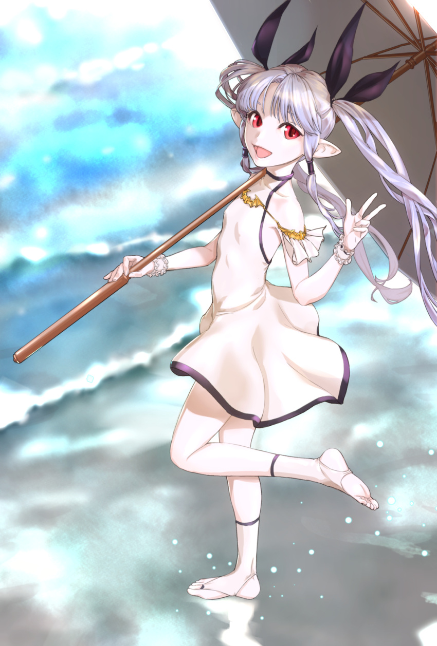 blue_sky blurry blurry_background day dress eden_(sennen_sensou_aigis) flat_chest full_body highres imazui_(sasachi) long_hair looking_at_viewer open_mouth outdoors over_shoulder parasol pointy_ears red_eyes scrunchie sennen_sensou_aigis sidelocks silver_hair sky standing standing_on_one_leg twintails umbrella v very_long_hair white_dress white_legwear wrist_scrunchie