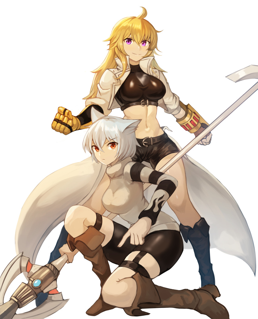 2girls absurdres ahoge animal_ears bangs belt blonde_hair boots character_request clenched_hands commission crop_top cropped_jacket full_body hair_between_eyes highres jacket knee_boots legs_apart long_hair midriff multiple_girls one_knee polearm rwby short_hair short_shorts shorts simple_background smile sookmo standing vambraces violet_eyes waist_cape weapon white_background white_hair white_jacket yang_xiao_long