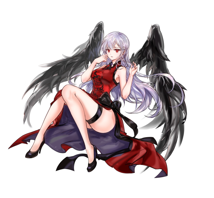 1girl 96dgd black_bow black_wings bow breasts character_request china_dress chinese_clothes closers dress full_body high_heels highres large_breasts legs_together long_hair looking_at_viewer pale_skin red_eyes side_slit silver_hair solo thigh_strap thighs wind wings