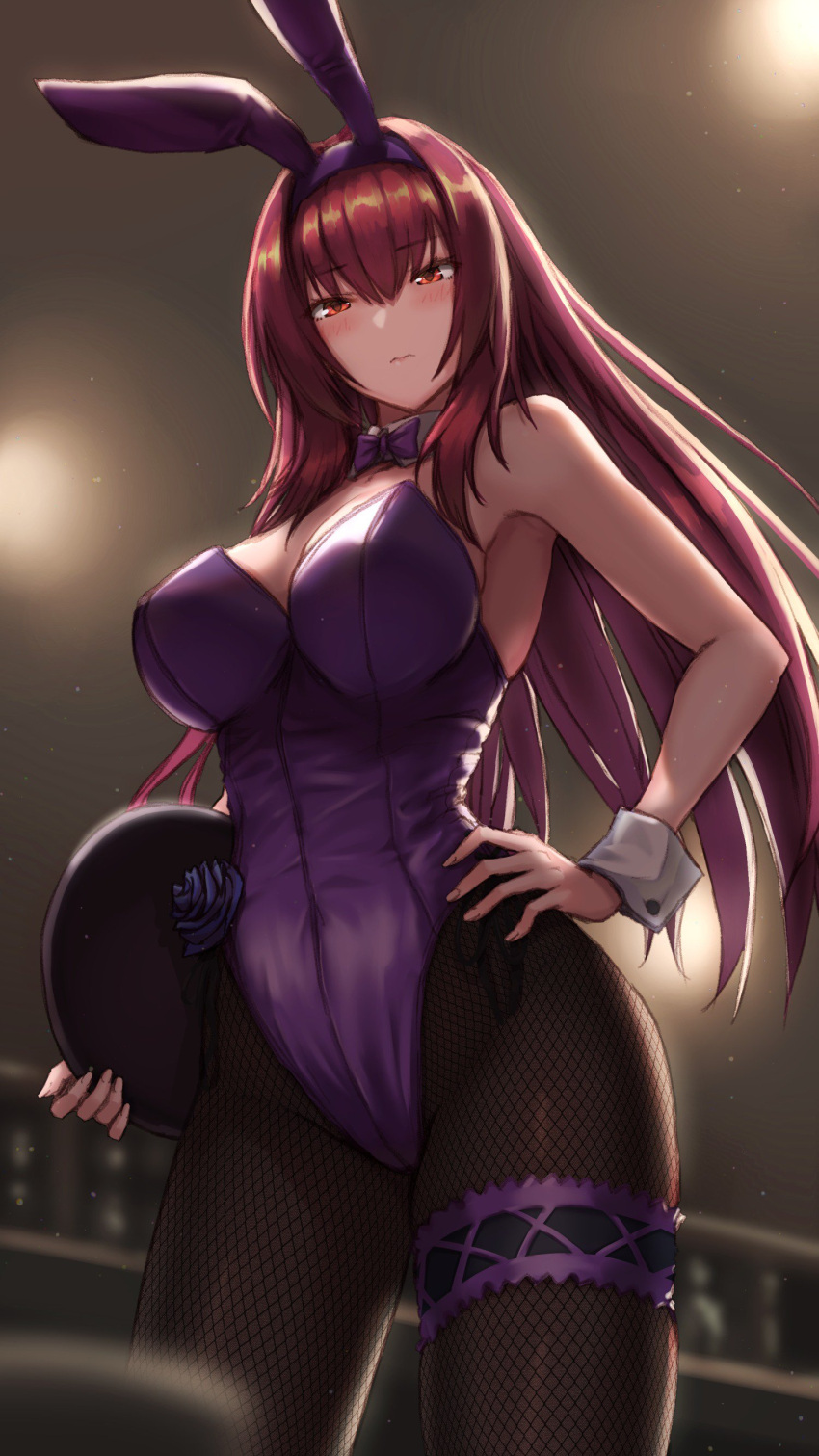 1girl absurdres animal_ears bangs black_legwear blurry blurry_background blurry_foreground blush breasts covered_navel cowboy_shot depth_of_field eyebrows_visible_through_hair fake_animal_ears fate/grand_order fate_(series) fishnet_legwear fishnets hair_between_eyes hairband hand_on_hip highres holding holding_tray indoors large_breasts leg_garter leotard long_hair looking_at_viewer maru_(maru1625) pantyhose purple_hair purple_hairband purple_leotard rabbit_ears red_eyes scathach_(fate)_(all) scathach_(fate/grand_order) solo tray very_long_hair wrist_cuffs