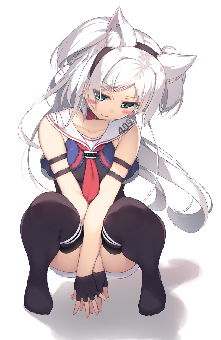 1girl animal_ear_fluff animal_ears azur_lane bangs bare_shoulders black_legwear blush_stickers cat_ears collar collarbone commentary eyebrows_visible_through_hair fingerless_gloves full_body gloves green_eyes highres long_hair looking_down miniskirt necktie no_shoes olive_(laai) red_collar red_neckwear remodel_(azur_lane) sailor_collar simple_background sims_(azur_lane) skirt sleeveless smile solo squatting thigh-highs two_side_up white_background white_hair white_skirt
