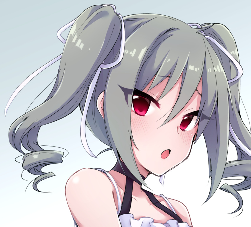 1girl bangs bare_shoulders black_choker blue_background blush choker collarbone dress eyebrows_visible_through_hair gradient gradient_background grey_hair hair_between_eyes hair_ribbon hana_(tmtmrgrgtrg) highres idolmaster idolmaster_cinderella_girls kanzaki_ranko long_hair red_eyes ribbon ringlets sidelocks sleeveless sleeveless_dress solo twintails upper_body white_background white_dress white_ribbon