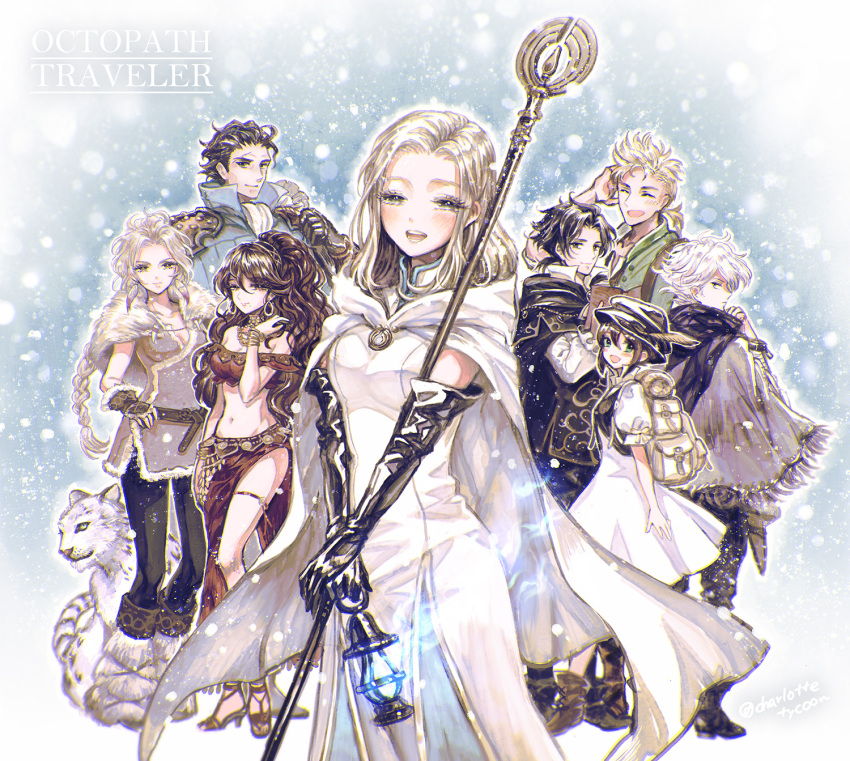 4boys 4girls :d ^_^ alfyn_(octopath_traveler) arm_at_side arm_up backpack bag bangs bare_shoulders belt black_gloves black_hair black_headwear black_pants black_scarf blonde_hair blue_background blue_fire blush book boots bracer braid breasts brown_eyes brown_gloves brown_hair cape capelet cleavage closed_eyes closed_eyes closed_mouth commentary_request copyright_name cropped_vest cyrus_(octopath_traveler) dancer dress earrings elbow_gloves expressionless fingerless_gloves fire forehead frilled_sleeves frills fringe_trim fur-trimmed_gloves fur_boots fur_capelet fur_trim gauntlets gloves green_eyes grey_cape h'aanit_(octopath_traveler) hair_between_eyes hand_on_hip hand_on_own_head hat_feather high_heels highres holding holding_book holding_staff jewelry knee_boots lantern long_hair looking_at_viewer looking_back low_ponytail medium_breasts medium_hair multiple_boys multiple_girls navel necklace octopath_traveler off_shoulder olberic_eisenberg open_book open_mouth ophilia_(octopath_traveler) pants parted_bangs pauldrons pelvic_curtain ponytail primrose_azelhart puffy_short_sleeves puffy_sleeves revealing_clothes sandals scarf short_sleeves shoulder_armor single_braid small_breasts smile snow_leopard snowing staff stomach takatora therion_(octopath_traveler) thighlet tressa_(octopath_traveler) white_dress white_hair