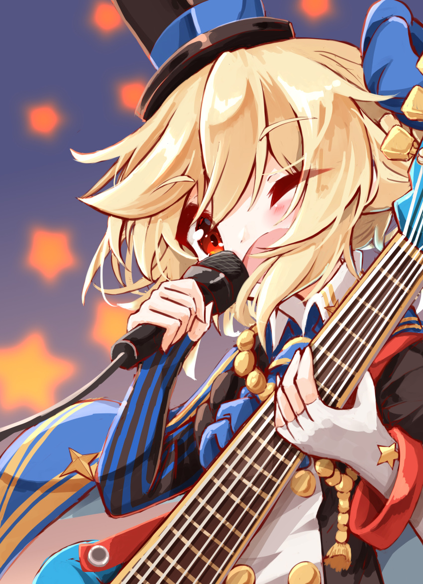 1girl absurdres bangs black_gloves black_headwear black_jacket blonde_hair blue_bow blush bow collared_shirt elbow_gloves eyebrows_visible_through_hair fingerless_gloves girls_frontline gloves hair_between_eyes hair_bow hat highres holding holding_instrument holding_microphone instrument jacket matsuo_(matuonoie) microphone mismatched_gloves nagant_revolver_(girls_frontline) one_eye_closed open_mouth red_eyes shirt solo star striped striped_gloves top_hat white_gloves white_shirt wide_sleeves