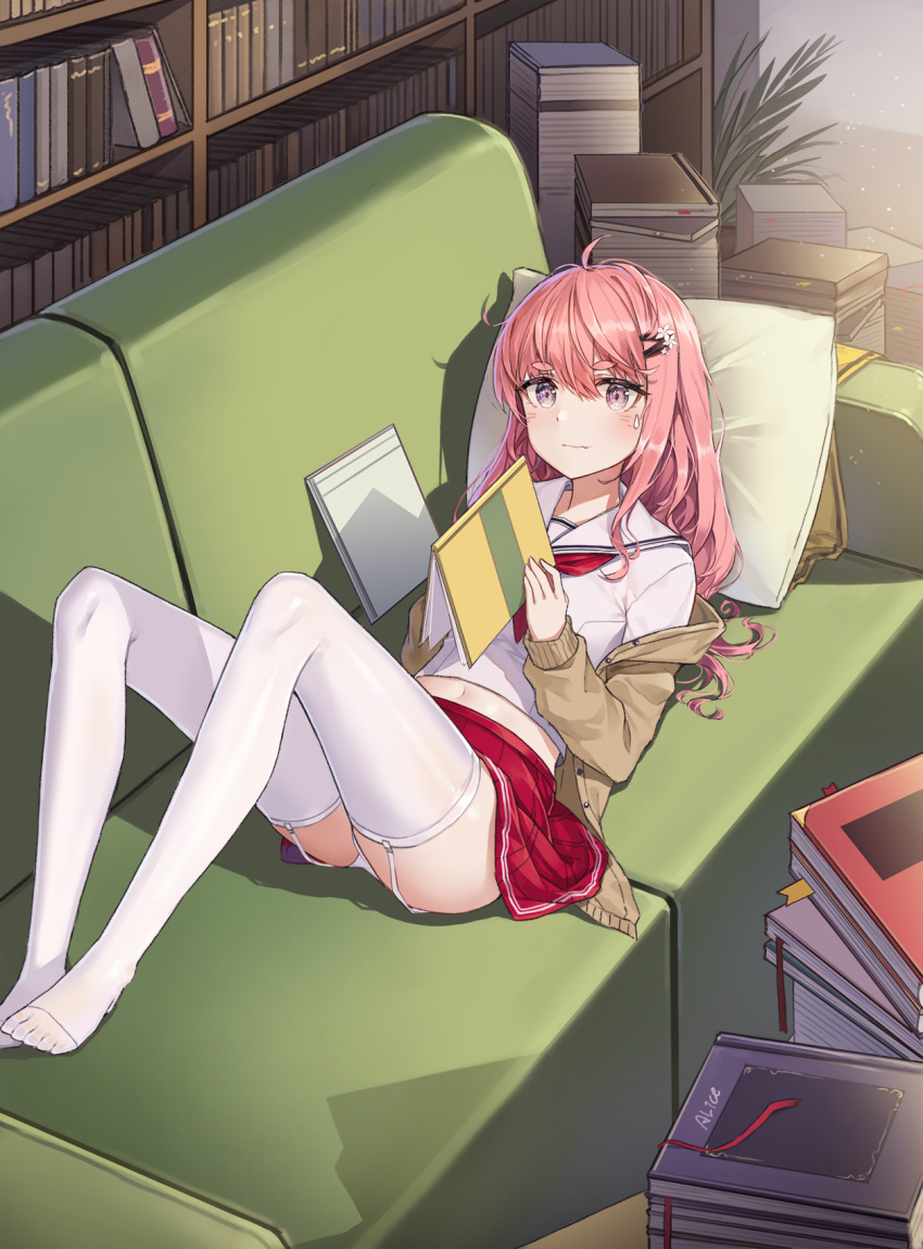 1girl ahoge aliceblue bangs blush book bookshelf breasts cardigan closed_mouth couch eyebrows_visible_through_hair garter_straps green_cardigan hair_ornament hairclip highres holding holding_book knees_up long_hair looking_at_viewer lying navel on_back open_cardigan open_clothes original panties pantyshot pink_hair red_skirt sailor_collar shirt short_eyebrows sidelocks skirt solo sweatdrop thighs underwear uniform white_legwear white_panties white_shirt