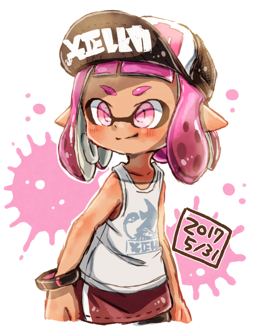 1girl baseball_cap basketball_jersey black_headwear bracelet closed_mouth clothes_writing commentary dark_skin dated domino_mask harutarou_(orion_3boshi) hat highres inkling inkling_(language) jewelry light_blush mask medium_hair paint_splatter pink_eyes pink_hair pointy_ears print_shirt shirt single_vertical_stripe sketch smile solo splatoon splatoon_(series) splatoon_2 standing tank_top tentacle_hair white_background white_shirt