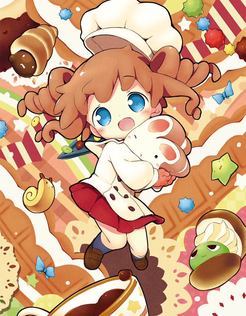 1girl :d aikei_ake bangs blue_bow blue_eyes blue_legwear blush bow bread brown_footwear brown_gloves brown_hair checkered checkered_gloves chef_hat chocolate_cornet commentary_request cute eyebrows_visible_through_hair food gloves hat head_tilt highres kneehighs loafers long_sleeves object_hug open_mouth original pleated_skirt puffy_long_sleeves puffy_sleeves rabbit red_skirt ringlets sailor_collar school_uniform serafuku shirt shoes skirt smile snail solo star unmoving_pattern white_headwear white_sailor_collar white_shirt