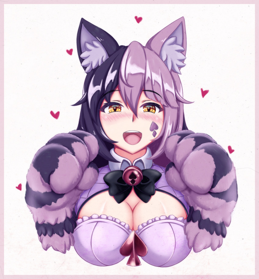 1girl :d absurdres animal_ear_fluff animal_ears bangs bell black_neckwear blush border bow bowtie breasts cat_ears cheshire_cat_(monster_girl_encyclopedia) cleavage cleavage_cutout commentary english_commentary eyebrows_visible_through_hair facial_mark fur hair_between_eyes happy heart highres jingle_bell large_breasts long_hair looking_at_viewer monster_girl_encyclopedia multicolored_hair neck_bell open_mouth orange_eyes paw_pose paws pink_border simple_background smile solo two-tone_hair upper_body upper_teeth violet_eyes white_background wlper
