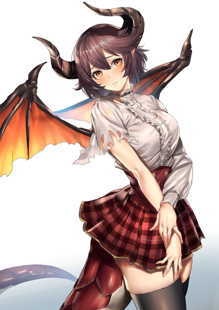 1girl black_legwear blurry blush breasts depth_of_field dragon_girl dragon_horns dragon_tail dragon_wings from_side gradient gradient_background granblue_fantasy grea_(shingeki_no_bahamut) head_tilt highres hiyashi_yaki horns large_breasts long_sleeves looking_at_viewer miniskirt pointy_ears purple_hair red_eyes shingeki_no_bahamut shirt short_hair skirt solo tail thigh-highs torn_clothes torn_sleeves white_shirt wings zettai_ryouiki