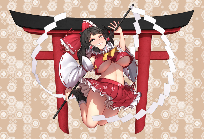 1girl ascot bangs bare_legs bare_shoulders black_footwear black_hair blunt_bangs bow breasts brown_background brown_eyes commentary crop_top detached_sleeves english_commentary eyebrows_visible_through_hair frilled_bow frills full_body gohei grin hair_bow hair_tubes hakurei_reimu hand_up highres holding jumping kikkoumon large_breasts long_sleeves looking_at_viewer midriff miniskirt mochi_(chain_csn) navel paw_print petticoat red_bow red_skirt ribbon-trimmed_sleeves ribbon_trim shide shoes sidelocks skirt skirt_set smile socks solo stomach thighs torii touhou under_boob white_legwear wide_sleeves wily_beast_and_weakest_creature yellow_bow yellow_neckwear
