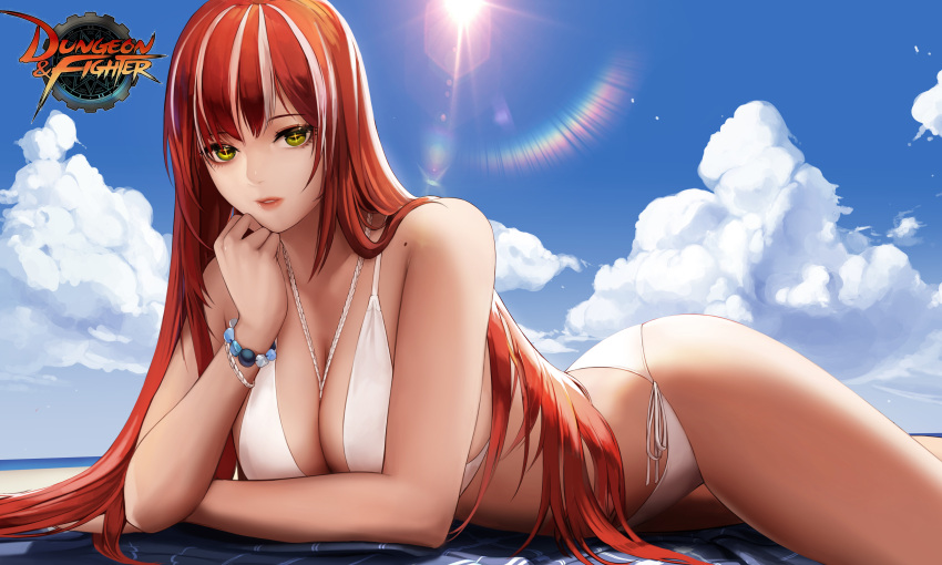 +_+ 1girl absurdres backlighting bare_arms bare_shoulders beach beach_mat bead_bracelet beads bikini blue_sky bracelet breasts chin_rest cleavage clouds cloudy_sky day diffraction_spikes dungeon_and_fighter green_eyes hand_up highres horizon jewelry knight_(dungeon_and_fighter) large_breasts lens_flare lips long_hair looking_at_viewer lying mole monaim multicolored_hair necklace on_stomach outdoors parted_lips redhead side-tie_bikini sky solo streaked_hair sun sunlight swimsuit symbol-shaped_pupils thighs watermark white_bikini white_hair