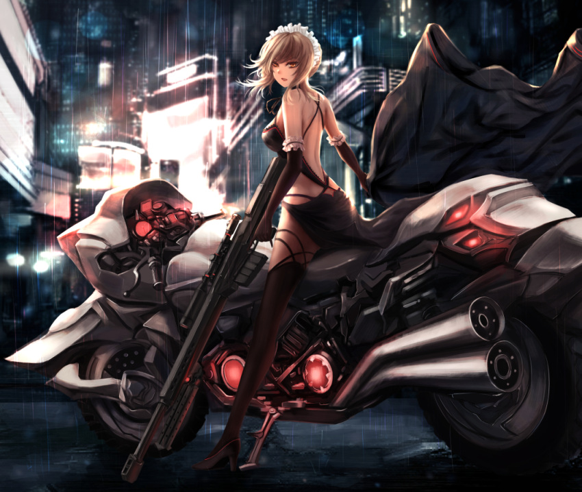 1girl artoria_pendragon_(all) back black_dress black_footwear black_legwear black_ribbon blonde_hair blurry breasts city depth_of_field detached_sleeves dress fate/stay_night fate_(series) floating_hair ground_vehicle gun high_heels holding holding_gun holding_jacket holding_weapon jacket long_hair looking_at_viewer looking_back medium_breasts motor_vehicle motorcycle night outdoors parted_lips rain ribbon rifle saber_alter scenery shoulder_blades sitting solo straddling thigh-highs weapon yellow_eyes yuzuriha