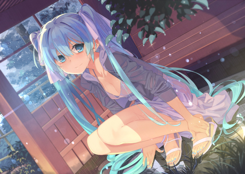 1girl bangs beek blue_eyes blue_hair dress dutch_angle full_body hair_ribbon hatsune_miku highres long_hair nail_polish rain ribbon sandals solo squatting toenail_polish twintails very_long_hair vocaloid