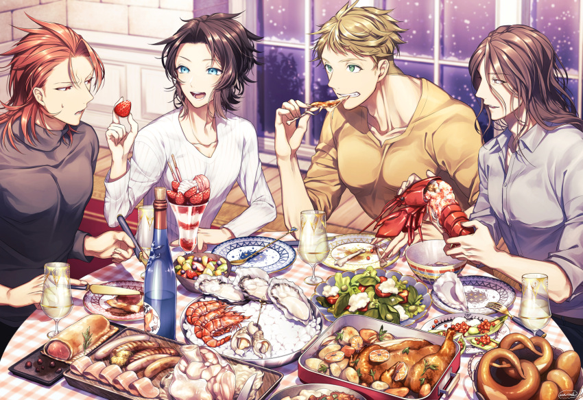 4boys :d black_hair black_sweater blonde_hair blue_eyes bottle brown_eyes brown_hair character_request chicken_(food) collarbone copyright_request cup dress_shirt drinking_glass eating food fruit green_eyes highres ice_cream indoors lobster long_hair long_sleeves looking_at_another macaron matsuki_tou multiple_boys open_mouth oyster plate red_eyes redhead ribbed_sweater rug salad sausage shirt shrimp sitting sleeves_folded_up smile snowing spoon strawberry sundae sweatdrop sweater table tray turtleneck turtleneck_sweater wafer_stick white_sweater window